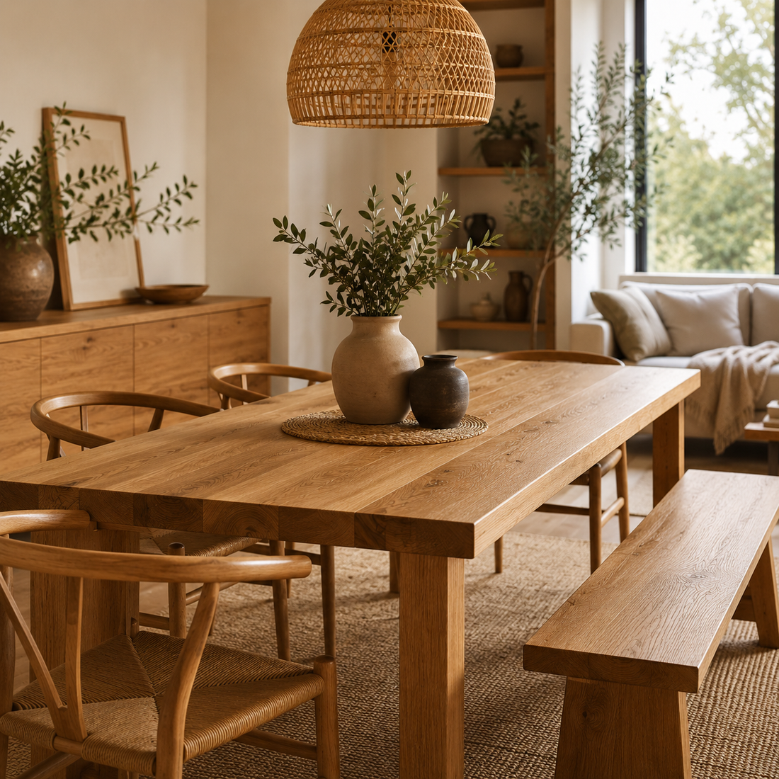 décoration intérieur en bois massif avec table et buffet en bois massif
