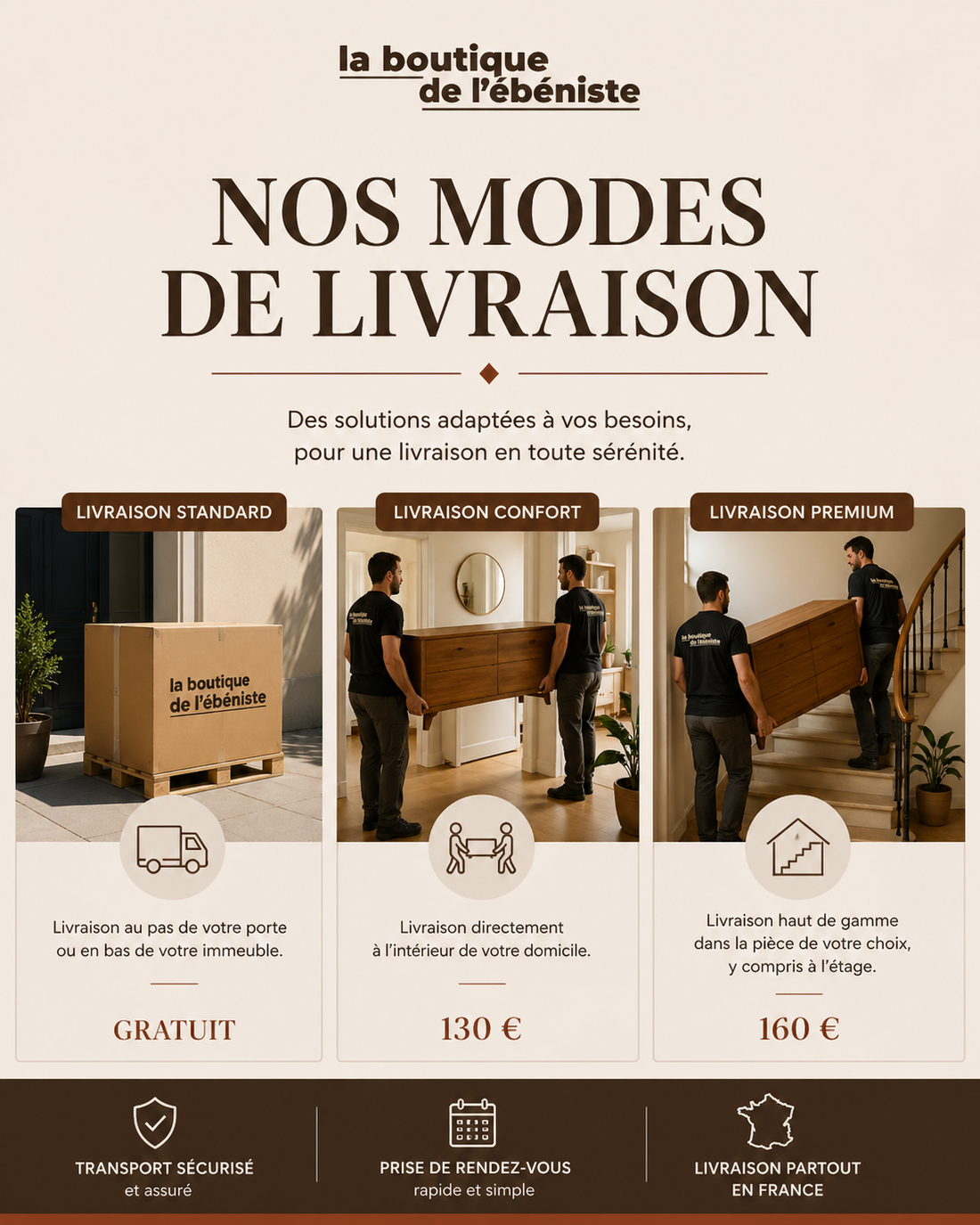 Modes de livraison de nos meubles : standard, confort ou premium